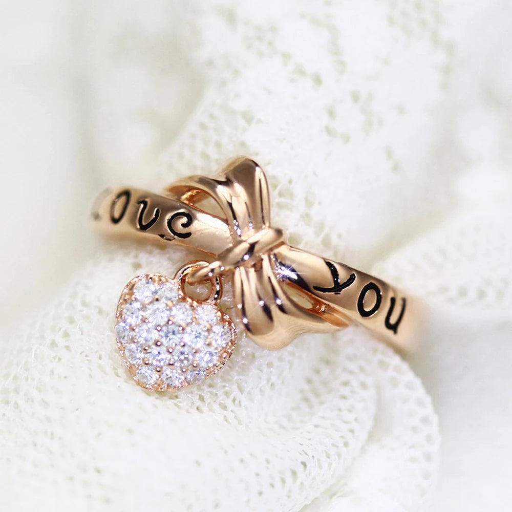 Bagues en forme de cœur et d'arc pour femmes et filles, couleur or Rose, lettre «Love You», avec cristal strass, alliage, bague de Couple de mariage