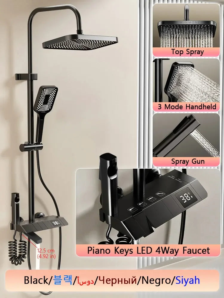 HOShower-Ensemble complet de système de douche, buse rotative, baignoire, affichage numérique, douche murale, pluie, LED, ensemble de pommeau de douche Salle de bains douche en laiton Tap Set Accessoires