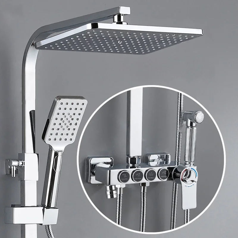 HOShower-Ensemble de pommeau de douche chaud et froid, pommeau de douche pluie, système thermostatique, laiton de qualité, noir et or, 12 po