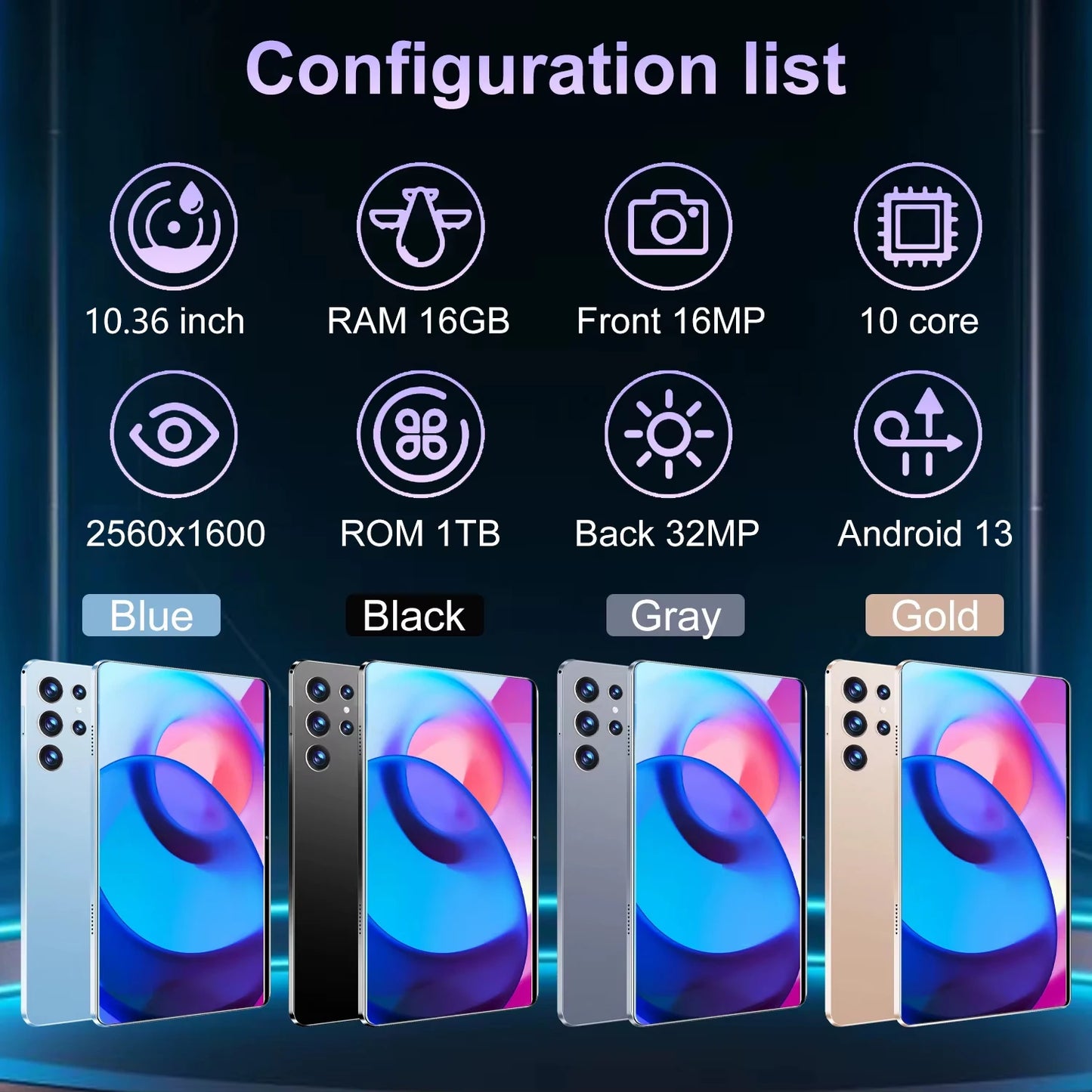 Nouvelle tablette Android 2025 5G, 10.36 pouces, 16 Go de RAM, 1 To, Dean, batterie 13.0 mAh, 16MP, 32MP, 10 cœurs, réseau SIM, touristes, Bluetooth, 12000