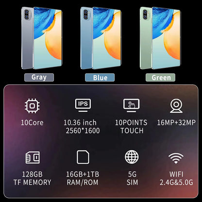 Tablette PC Android 2025, réseau MTK6797, 10.36 pouces, 5G, 16 Go de RAM, 1 To, Dean, 12000mAh, WiFi, 10 cœurs, Bluetooth, nouveau, 13.0