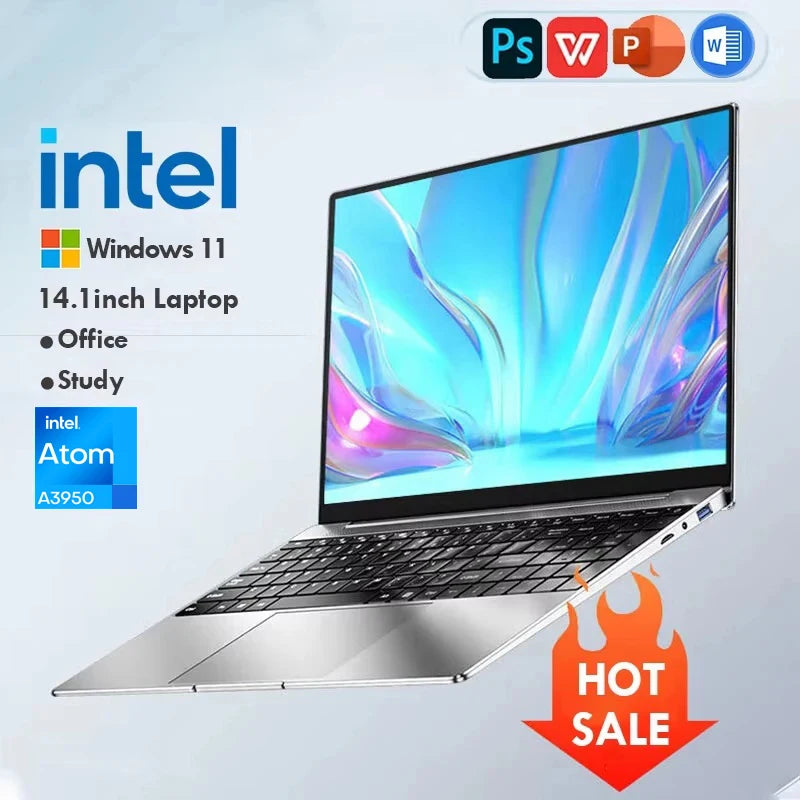 Ordinateur portable Windows 11 Ultra mince 14.1 "12GB RAM 512GB 1 to SSD Intel A3950 ordinateur portable Gamer 1920*1080 ordinateur d'étude de bureau PC