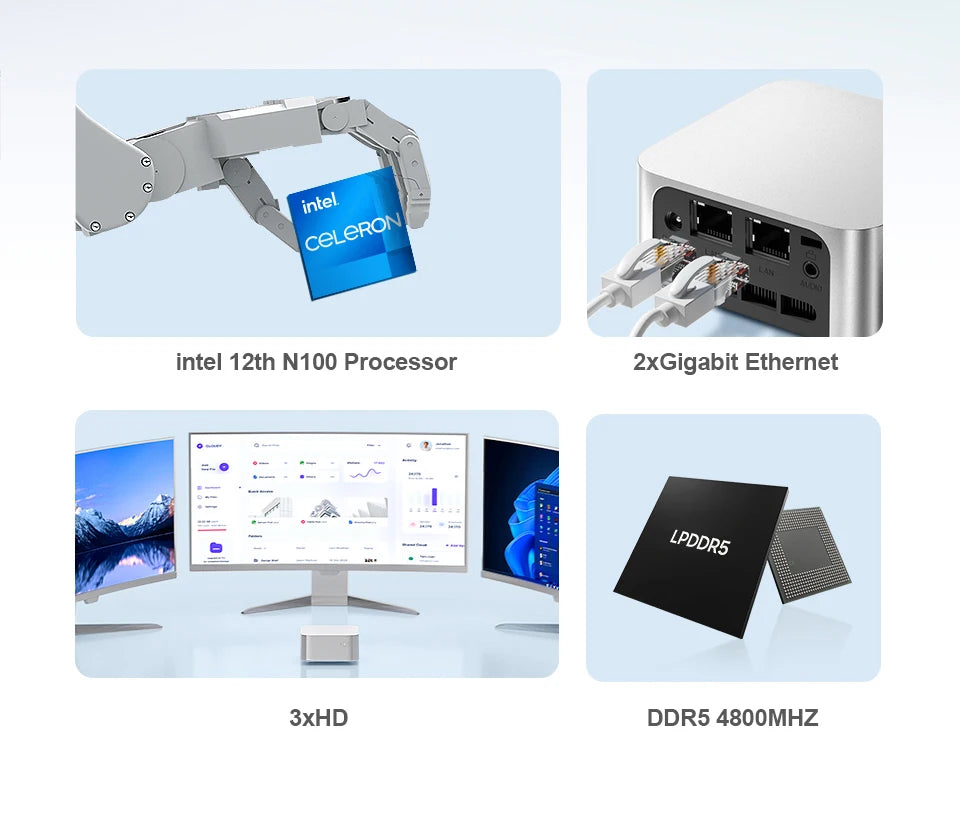 Chatreey T8 Mini PC Intel Celeron Quad Core N200/N100/N150 ordinateur de poche 3xHD 2.0 2xGigabit Ethernet Windows 11 Wifi5