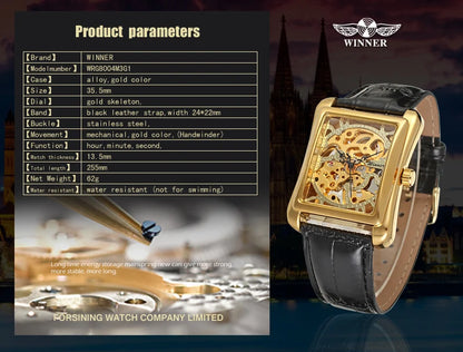T-WINNER montre rectangulaire mécanique montre hommes montre or ceinture montre-bracelet main creuse montre mécanique