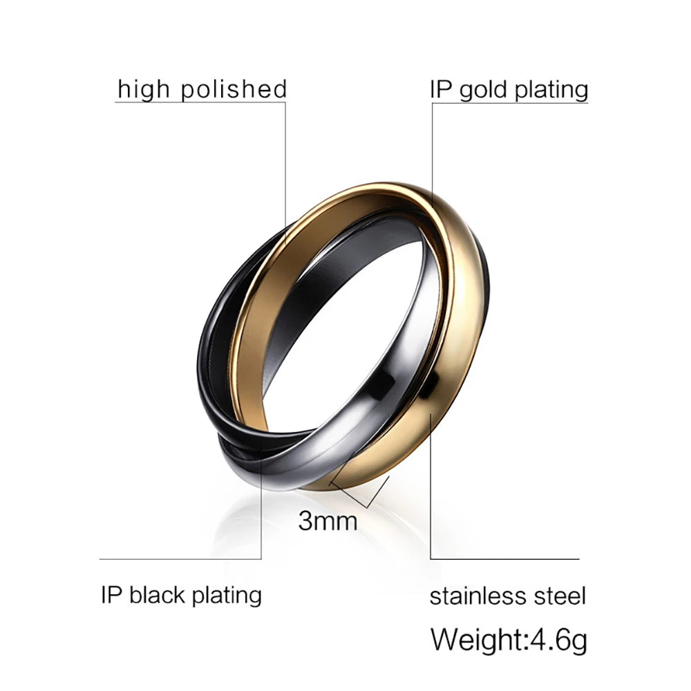 Ensemble de bagues classiques à 3 rondes pour femmes, bijoux de fiançailles et de mariage en acier inoxydable