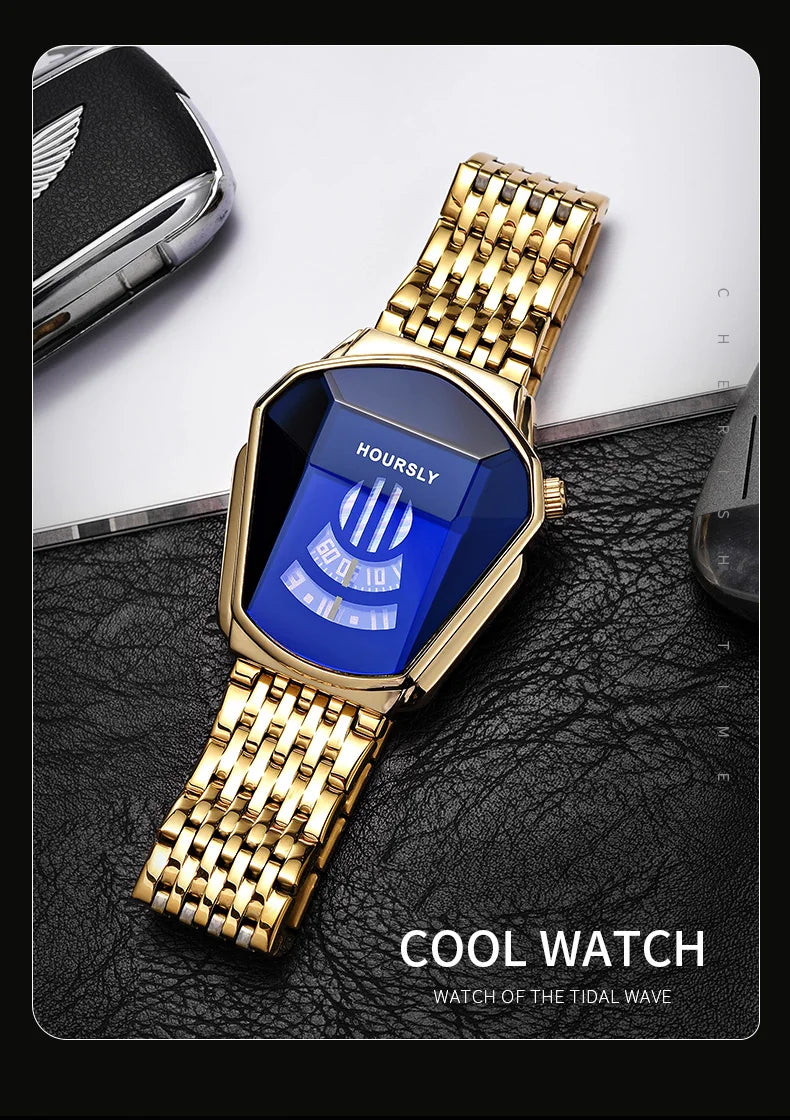 Luxe HOURSLY marque tendance Cool montre-bracelet pour hommes technologie en acier inoxydable mode montre à Quartz pour hommes Relogio Masculino 2023