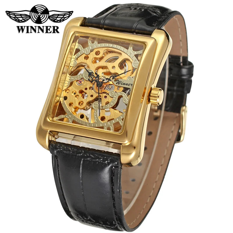 T-WINNER montre rectangulaire mécanique montre hommes montre or ceinture montre-bracelet main creuse montre mécanique