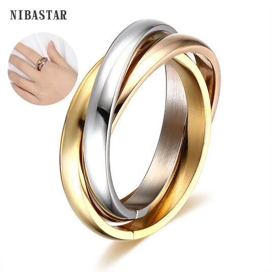 Ensemble de bagues classiques à 3 rondes pour femmes, bijoux de fiançailles et de mariage en acier inoxydable