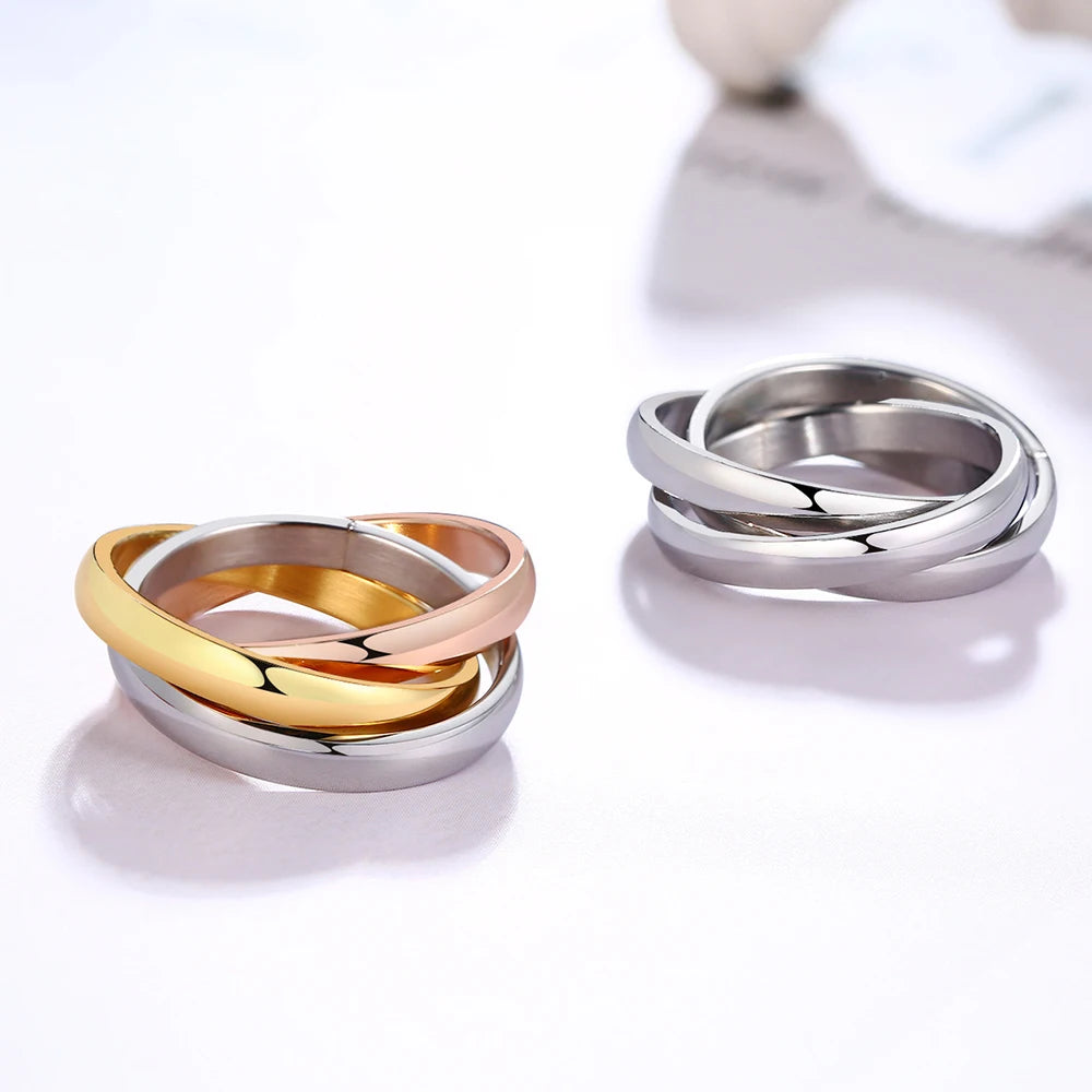 Ensemble de bagues classiques à 3 rondes pour femmes, bijoux de fiançailles et de mariage en acier inoxydable