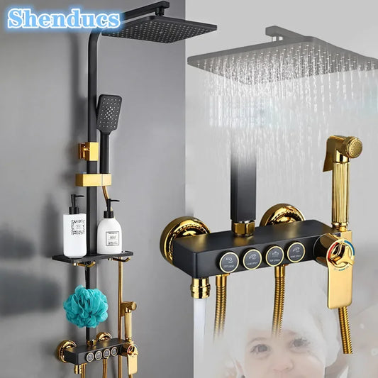 HOShower-Ensemble de pommeau de douche chaud et froid, pommeau de douche pluie, système thermostatique, laiton de qualité, noir et or, 12 po