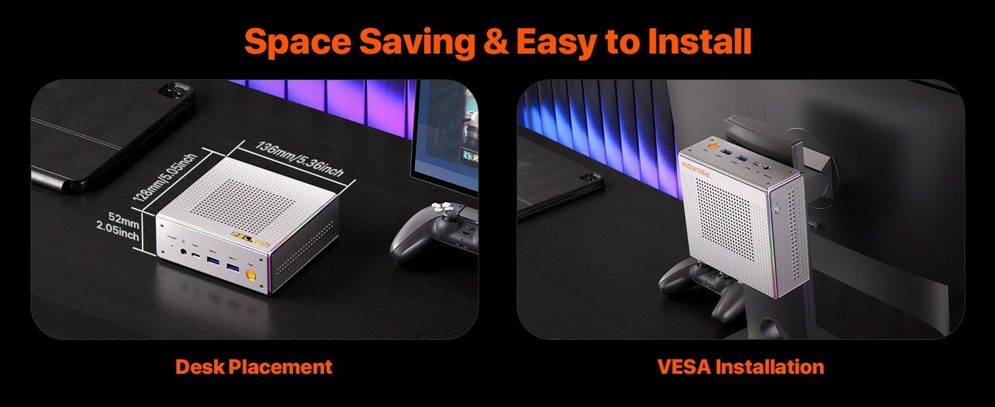 PELADN HO4 Mini PC de jeu AMD Ryzen 7 8845HS 32 Go DDR5 5600 MHz 1 To PCIe4.0 SSD, AMD Radeon 780 M avec double LAN RJ45, WiFi6 BT5.2