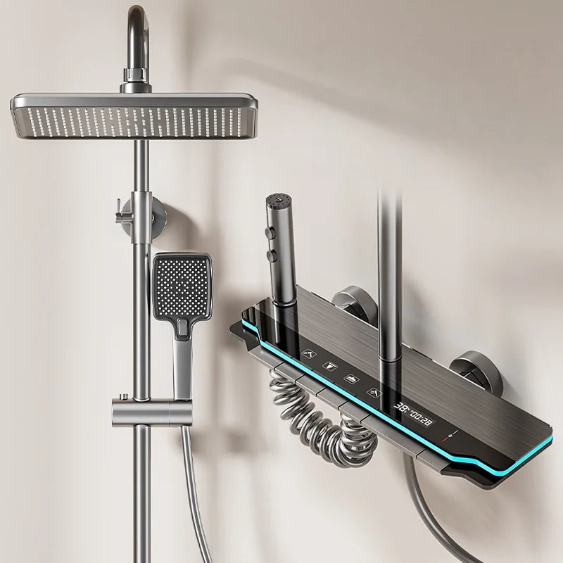 Système de douche à effet de pluie revitalisant à commande tactile avec panneau numérique et étagère pour l'énergie précoce dans les salles de bains modernes -