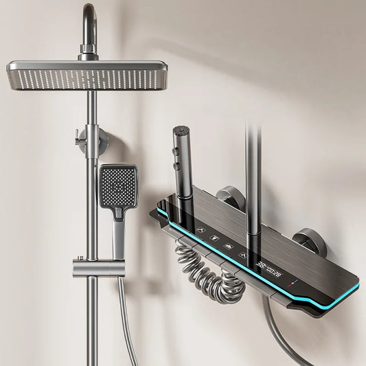 Système de douche à effet de pluie revitalisant à commande tactile avec panneau numérique et étagère pour l'énergie précoce dans les salles de bains modernes -