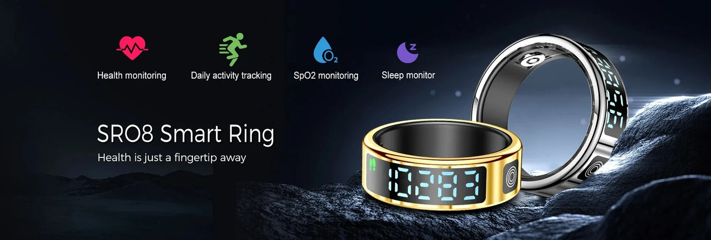 Nouveau SR08 anneau intelligent écran d'affichage LED fréquence cardiaque sommeil Modes de sport surveillance de la santé hommes femmes anneau de sport en acier inoxydable