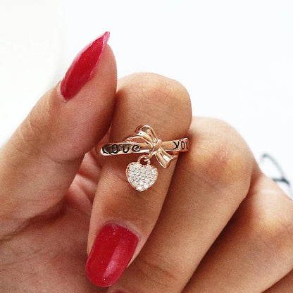 Bagues en forme de cœur et d'arc pour femmes et filles, couleur or Rose, lettre «Love You», avec cristal strass, alliage, bague de Couple de mariage