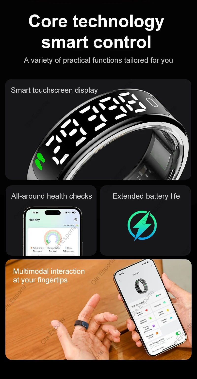 Anneau intelligent 2025 avec écran d'affichage et tactile, étui de chargement sans fil, gestionnaire de santé, étanche 5ATM pour hommes et femmes, anneau R12 R13