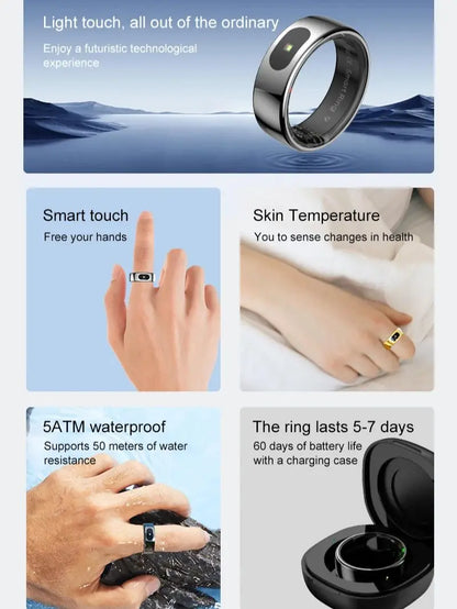 R08 anneau intelligent pour hommes femmes fonction de contrôle tactile moniteur de santé IP68 5ATM étanche mesure de la température de la peau anneau intelligent nouveau