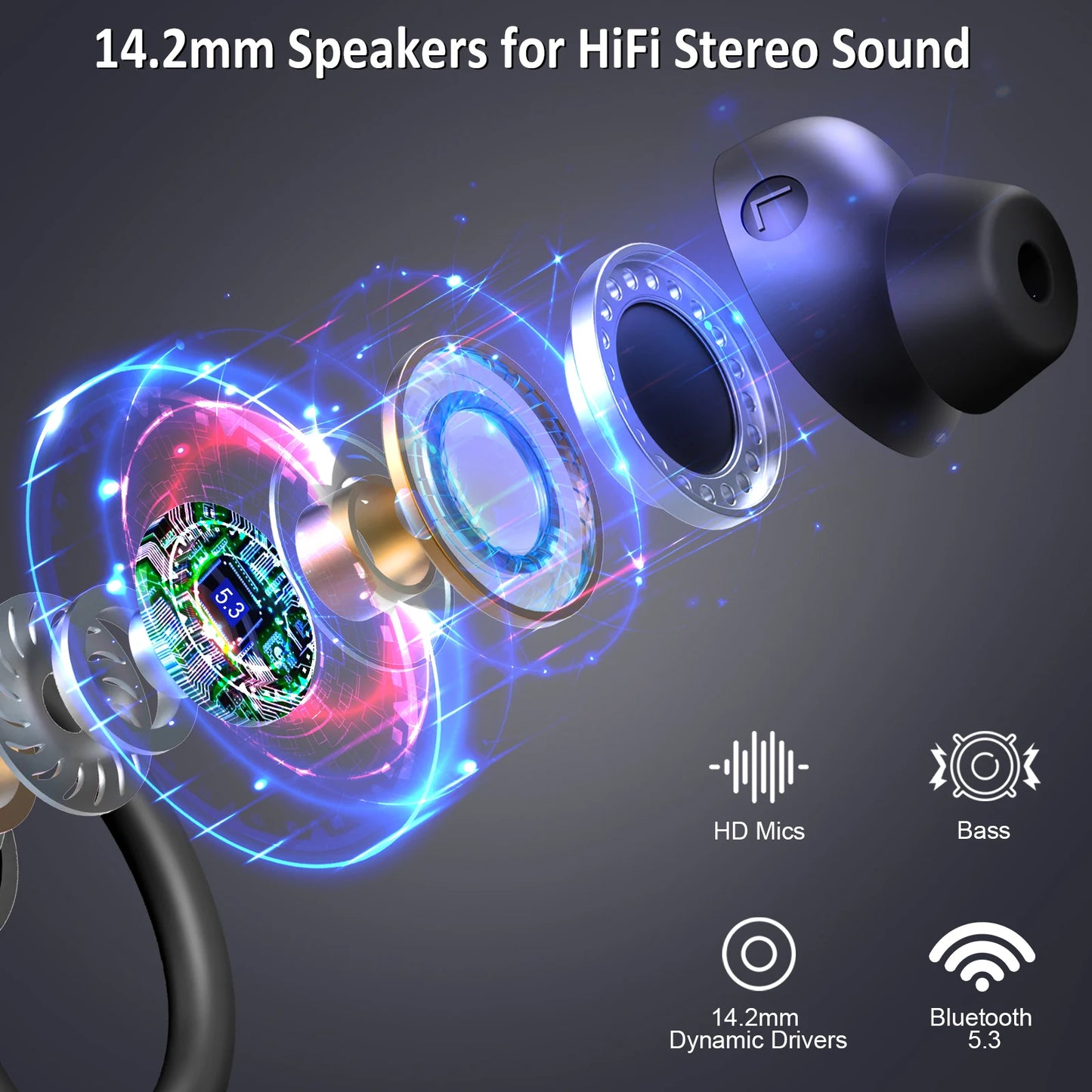 Écouteurs sans fil, écouteurs Bluetooth 5.3, basses stéréo, micro intra-auriculaires antibruit, écouteurs IP7 étanches pour sport, lecture 40H.