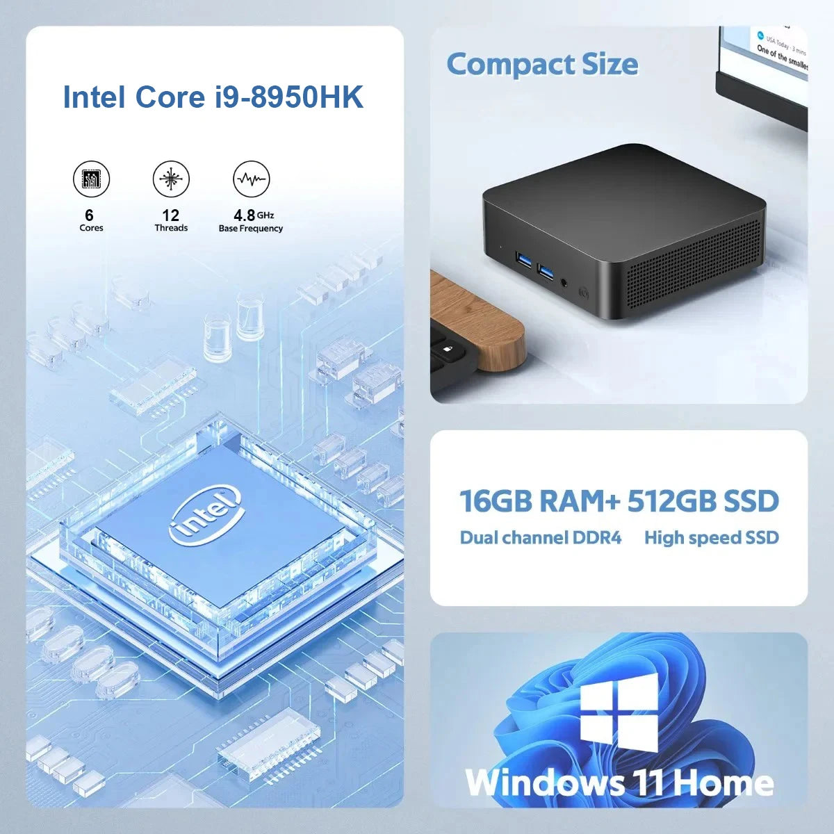 Nouveau MINI ordinateur Intel Core i9 8950HK 16GB DDR4 + 1/2 to M.2 SSD Windows11 Mini ordinateur de jeu ordinateur de bureau Support 4K HD