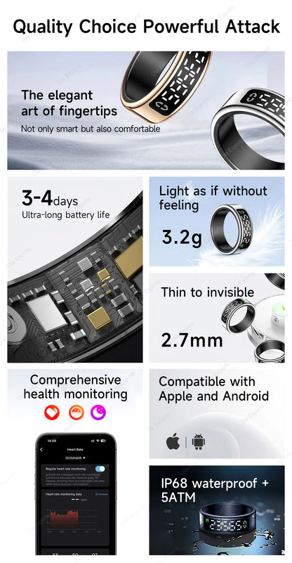 Bague intelligente 2025 avec écran d'affichage et tactile, chargement sans fil, gestionnaire de santé, étanche 5 ATM pour hommes et femmes, bagues R12 R11