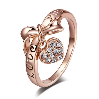 Bagues en forme de cœur et d'arc pour femmes et filles, couleur or Rose, lettre «Love You», avec cristal strass, alliage, bague de Couple de mariage