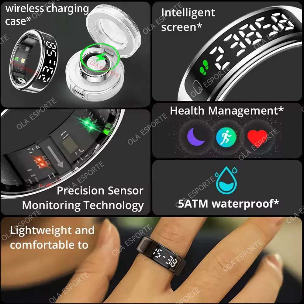 Anneau intelligent 2025 avec écran d'affichage et tactile, étui de chargement sans fil, gestionnaire de santé, étanche 5ATM pour hommes et femmes, anneau R12 R13