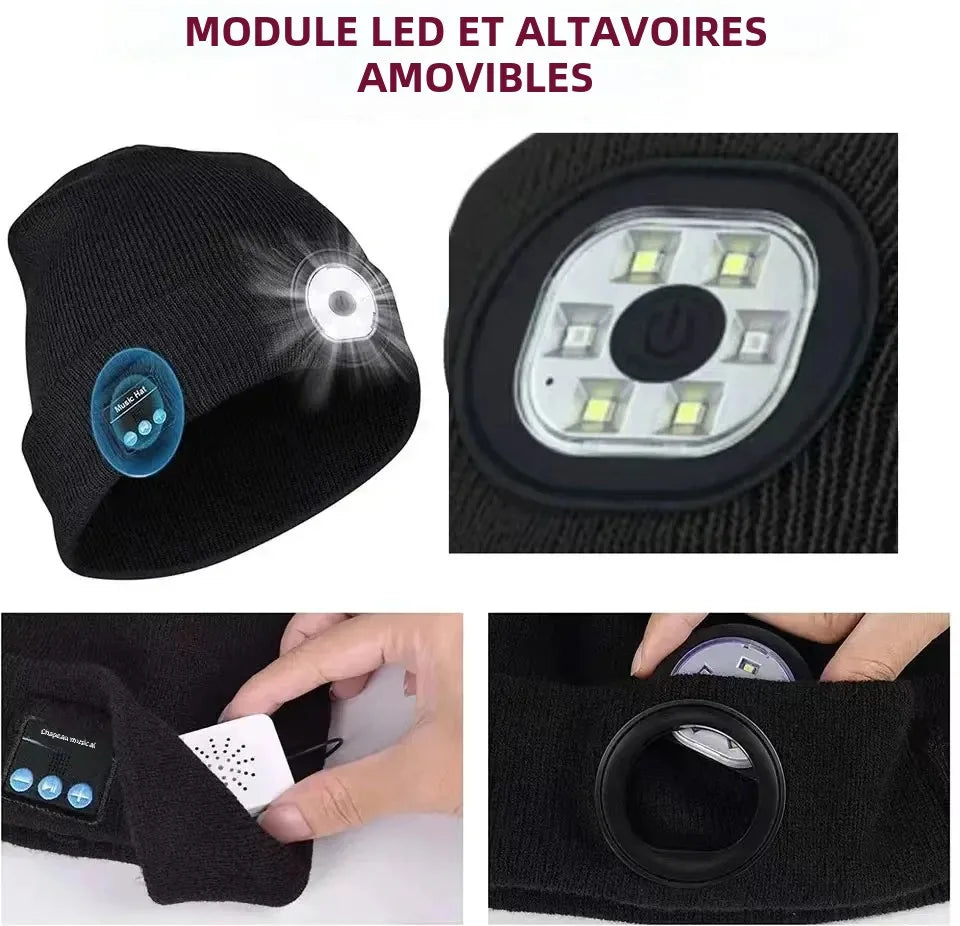 Bonnet chaud mains libres Bluetooth 5.0, chapeau LED, casque stéréo sans fil, lecteur de musique avec Support de micro, batterie Rechargeable à gradation