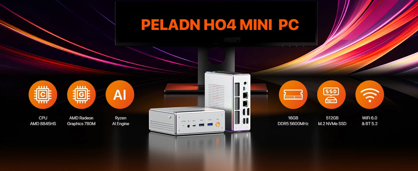 PELADN HO4 Mini PC de jeu AMD Ryzen 7 8845HS 32 Go DDR5 5600 MHz 1 To PCIe4.0 SSD, AMD Radeon 780 M avec double LAN RJ45, WiFi6 BT5.2