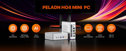 PELADN HO4 Mini PC de jeu AMD Ryzen 7 8845HS 32 Go DDR5 5600 MHz 1 To PCIe4.0 SSD, AMD Radeon 780 M avec double LAN RJ45, WiFi6 BT5.2