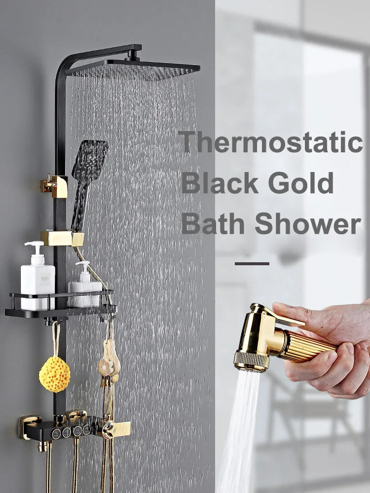HOShower-Ensemble de pommeau de douche chaud et froid, pommeau de douche pluie, système thermostatique, laiton de qualité, noir et or, 12 po