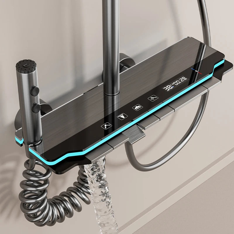 Système de douche à effet de pluie revitalisant à commande tactile avec panneau numérique et étagère pour l'énergie précoce dans les salles de bains modernes -
