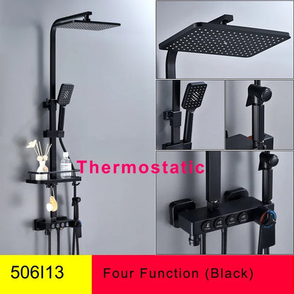 HOShower-Ensemble de pommeau de douche chaud et froid, pommeau de douche pluie, système thermostatique, laiton de qualité, noir et or, 12 po