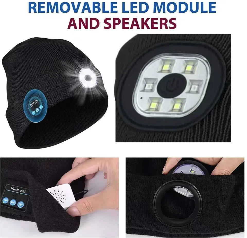Bonnet chaud mains libres Bluetooth 5.0, chapeau LED, casque stéréo sans fil, lecteur de musique avec Support de micro, batterie Rechargeable à gradation