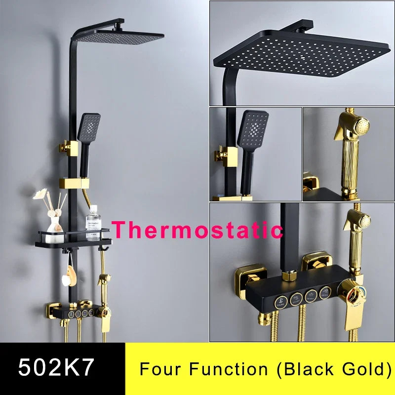HOShower-Ensemble de pommeau de douche chaud et froid, pommeau de douche pluie, système thermostatique, laiton de qualité, noir et or, 12 po