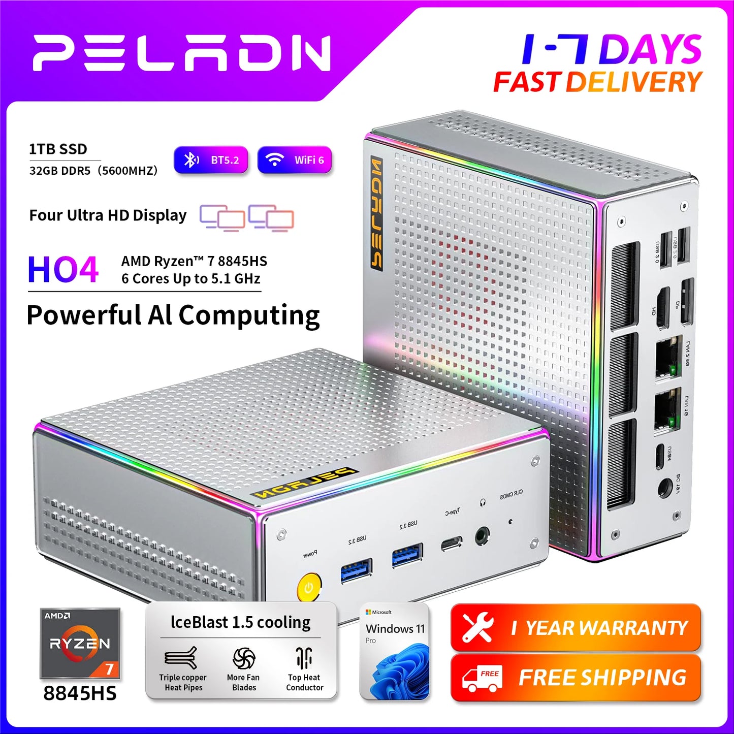 PELADN HO4 Mini PC de jeu AMD Ryzen 7 8845HS 32 Go DDR5 5600 MHz 1 To PCIe4.0 SSD, AMD Radeon 780 M avec double LAN RJ45, WiFi6 BT5.2