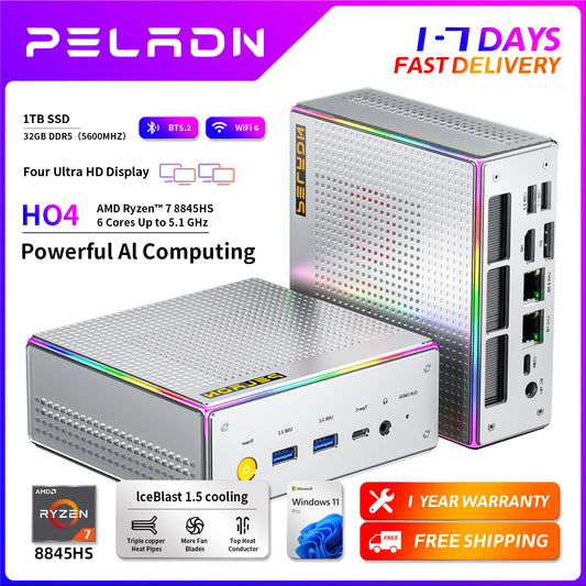PELADN HO4 Mini PC de jeu AMD Ryzen 7 8845HS 32 Go DDR5 5600 MHz 1 To PCIe4.0 SSD, AMD Radeon 780 M avec double LAN RJ45, WiFi6 BT5.2