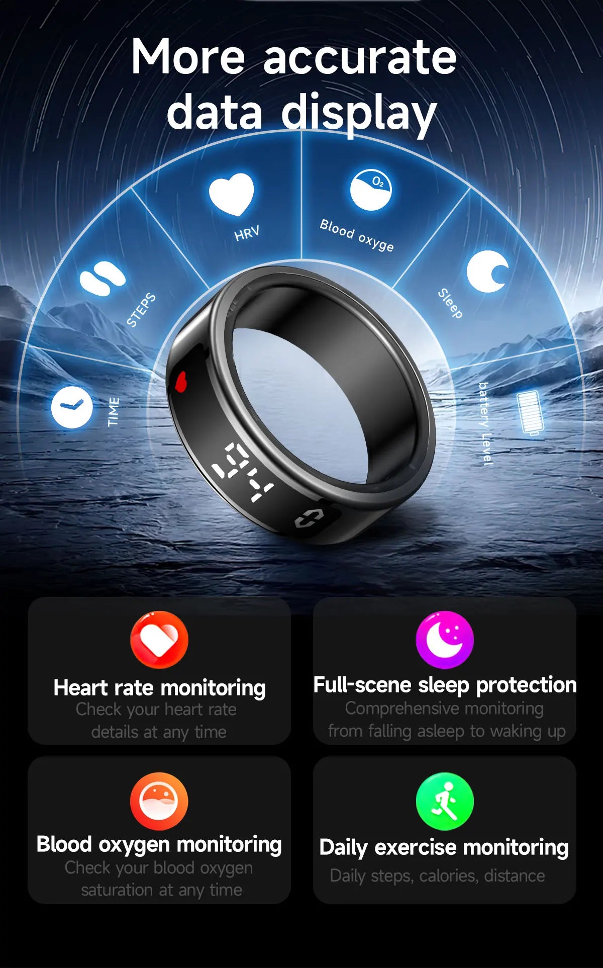 SY01 anneau intelligent avec écran LED Bluetooth surveillance de la santé sang oxygène sommeil fréquence cardiaque Modes multisports étanche IP68 et 5ATM