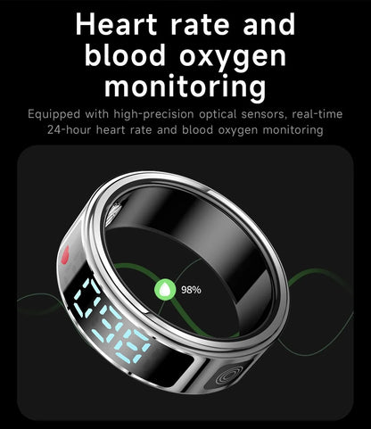 Nouveau SR08 anneau intelligent écran d'affichage LED fréquence cardiaque sommeil Modes de sport surveillance de la santé hommes femmes anneau de sport en acier inoxydable