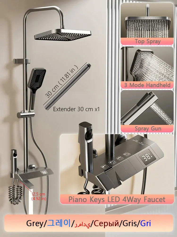 HOShower-Ensemble complet de système de douche, buse rotative, baignoire, affichage numérique, douche murale, pluie, LED, ensemble de pommeau de douche Salle de bains douche en laiton Tap Set Accessoires