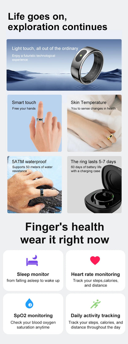 R08 anneau intelligent pour hommes femmes fonction de contrôle tactile moniteur de santé IP68 5ATM étanche mesure de la température de la peau anneau intelligent nouveau