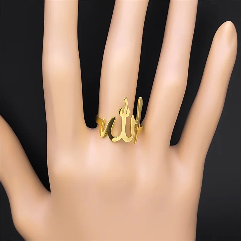 Bague en acier inoxydable pour hommes et femmes, amulette religieuse, bijoux réglables, arabe, islamique, musulman, Allah, document en or