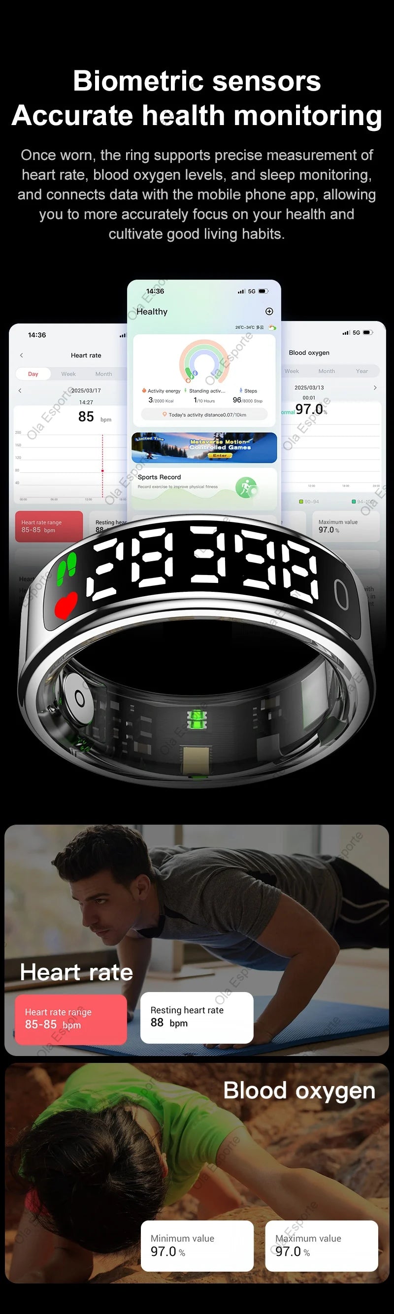 Anneau intelligent 2025 avec écran d'affichage et tactile, étui de chargement sans fil, gestionnaire de santé, étanche 5ATM pour hommes et femmes, anneau R12 R13