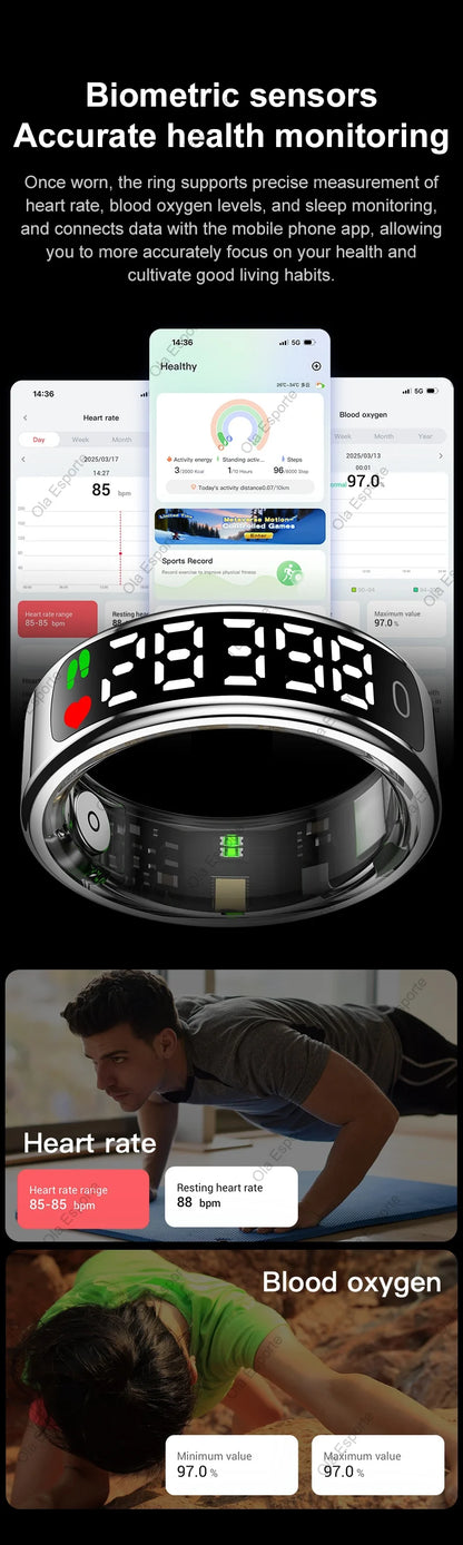 Anneau intelligent 2025 avec écran d'affichage et tactile, étui de chargement sans fil, gestionnaire de santé, étanche 5ATM pour hommes et femmes, anneau R12 R13