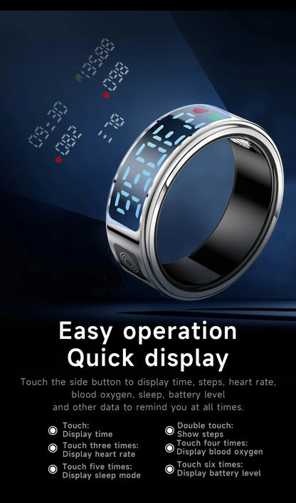 Nouveau SR08 anneau intelligent écran d'affichage LED fréquence cardiaque sommeil Modes de sport surveillance de la santé hommes femmes anneau de sport en acier inoxydable