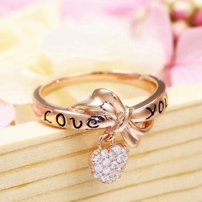 Bagues en forme de cœur et d'arc pour femmes et filles, couleur or Rose, lettre «Love You», avec cristal strass, alliage, bague de Couple de mariage