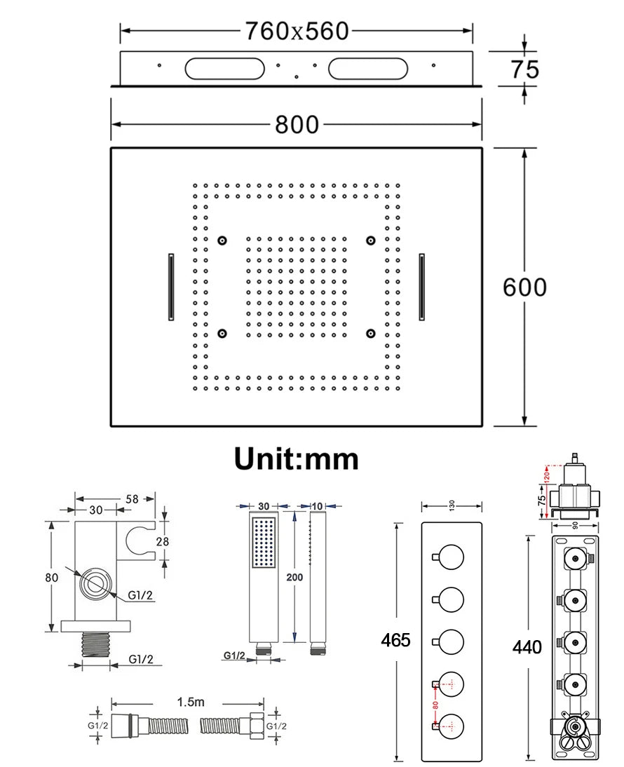 M Boenn polie 23 × 31 pouces pomme de douche intelligente pluie mitigeur thermostatique dissimulé grand système de douche LED ensemble de robinets de salle de bains