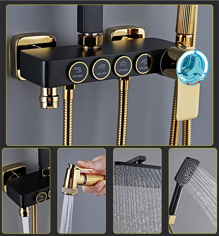 HOShower-Ensemble de pommeau de douche chaud et froid, pommeau de douche pluie, système thermostatique, laiton de qualité, noir et or, 12 po