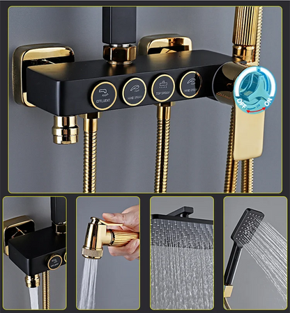 HOShower-Ensemble de pommeau de douche chaud et froid, pommeau de douche pluie, système thermostatique, laiton de qualité, noir et or, 12 po