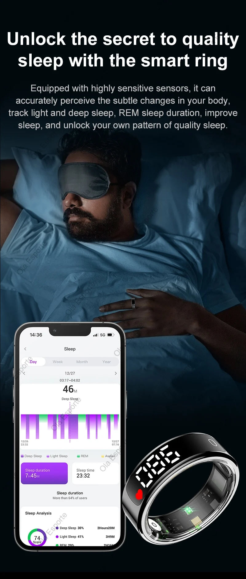 Anneau intelligent 2025 avec écran d'affichage et tactile, étui de chargement sans fil, gestionnaire de santé, étanche 5ATM pour hommes et femmes, anneau R12 R13