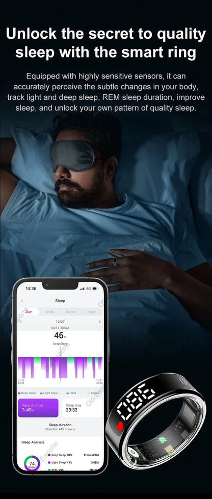 Anneau intelligent 2025 avec écran d'affichage et tactile, étui de chargement sans fil, gestionnaire de santé, étanche 5ATM pour hommes et femmes, anneau R12 R13